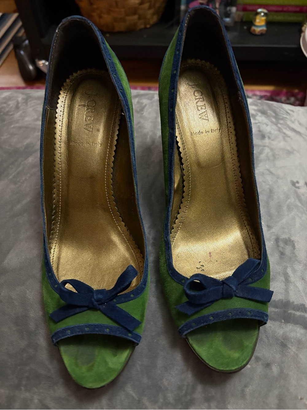 J. Crew Green and Navy Suede Peep-Toe Heels with Bow